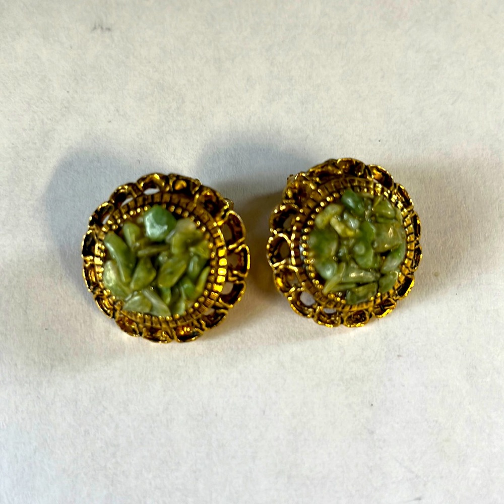 Vintage Jade clip on earrings with beautiful metal details from an estate.